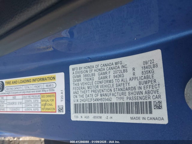 Honda Civic Sport 2022 2HGFE2F54NH605492 Image 9
