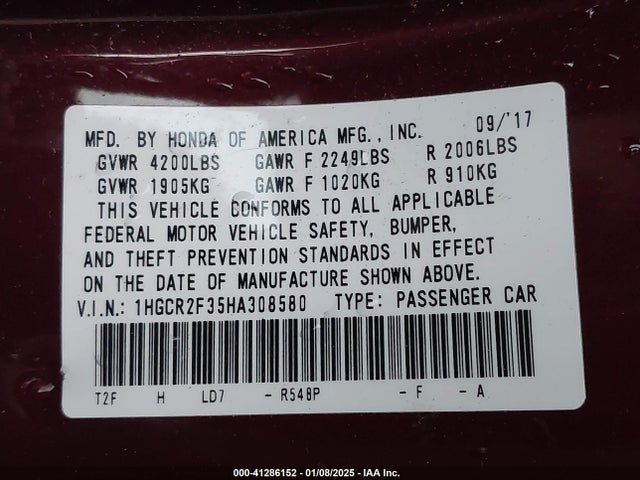 Honda ACCORD LX 2017 1HGCR2F35HA308580 Image 9