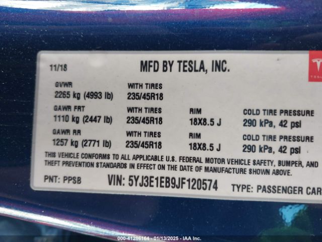 5YJ3E1EB9JF120574 Tesla Model 3 Long Range/performance
