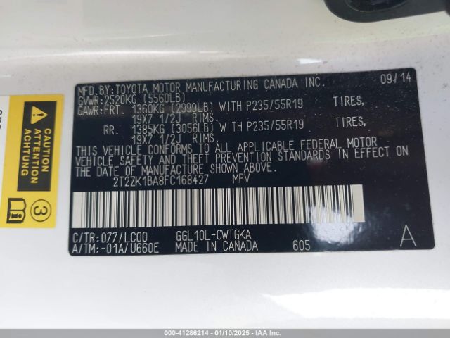 2T2ZK1BA8FC168427 Lexus RX 350