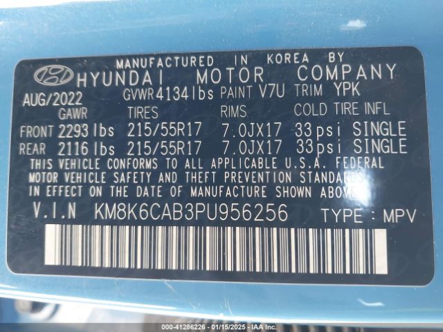KM8K6CAB3PU956256 Hyundai Kona Sel