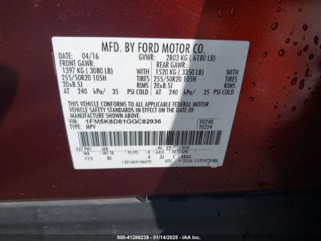 1FM5K8D81GGC82936 Ford EXPLORER XLT