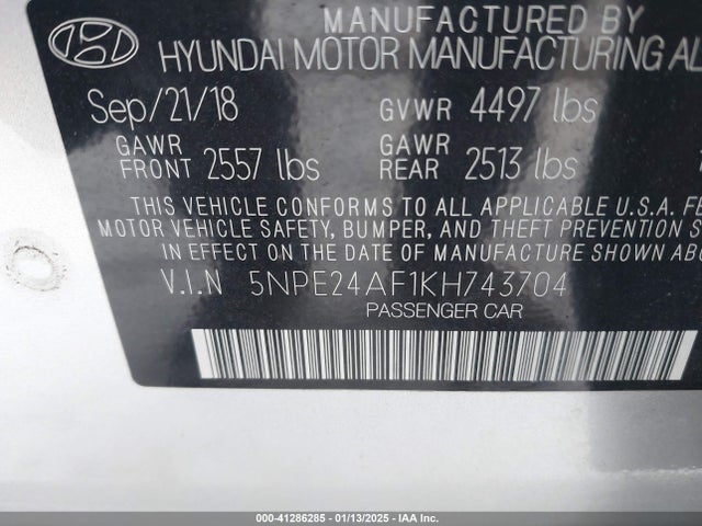 5NPE24AF1KH743704 Hyundai SONATA SE