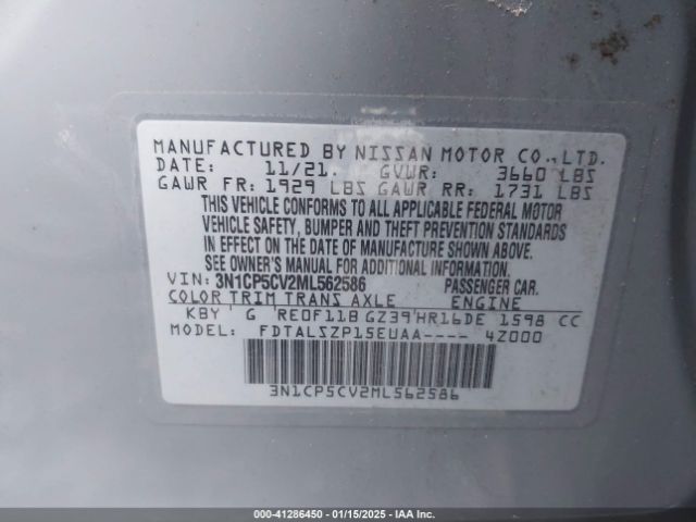 3N1CP5CV2ML562586 Nissan Kicks Sv Xtronic Cvt