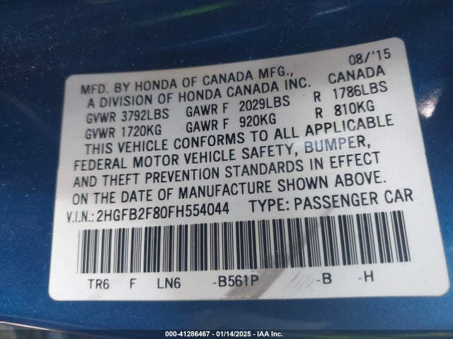 Honda CIVIC EX 2015 2HGFB2F80FH554044 Image 9