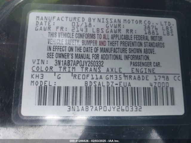 3N1AB7AP0JY260332 Nissan SENTRA SV