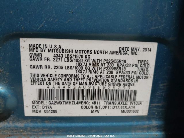 4A4AR3AU9EE029299 Mitsubishi Outlander Sport Es