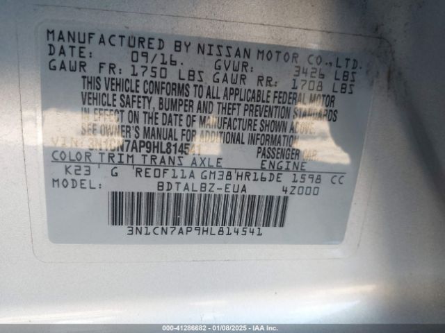 3N1CN7AP9HL814541 Nissan Versa 1.6 S/1.6 S+/1.6 Sl/1.6 Sv