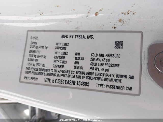 2022 TESLA MODEL 3 5YJ3E1EA2NF154885 Photo 8