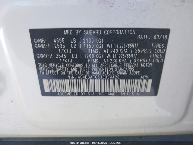 Subaru Outback 2.5i Premium 2018 4S4BSAFC5J3334420 Image 9