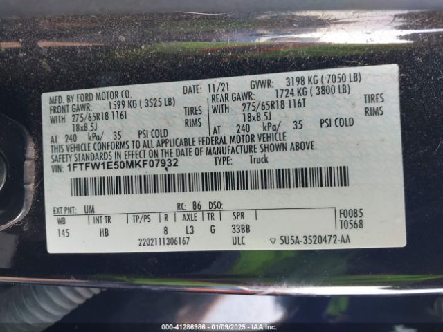1FTFW1E50MKF07932 Ford F150 Supercrew