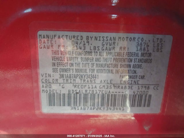 Nissan SENTRA SR 2019 3N1AB7AP2KY343441 Image 9