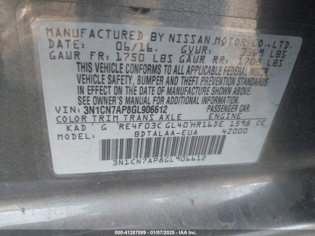 Nissan Versa 1.6 S 2016 3N1CN7AP8GL906612 Image 9