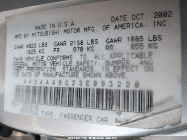 2003 MITSUBISHI GALANT 4A3AA46G23E093220 Photo 8