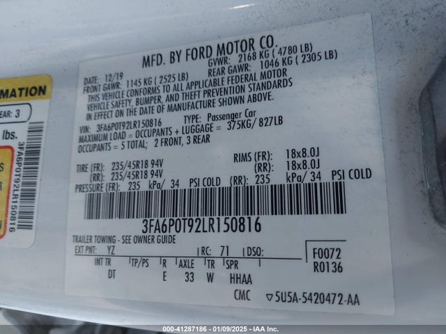 Ford FUSION SE 2020 3FA6P0T92LR150816 Image 9