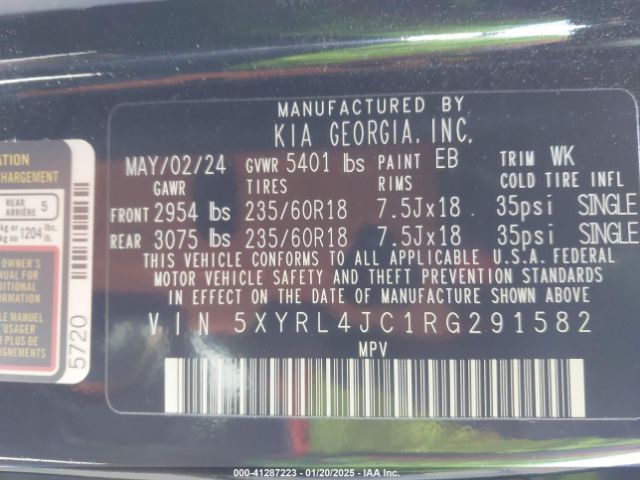 5XYRL4JC1RG291582 KIA SORENTO S