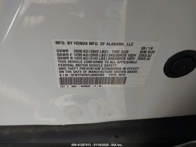 5FNYF6H97LB004365 Honda Pilot Awd Touring 8 Passenger