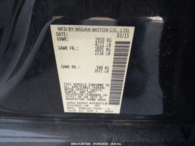 Nissan Altima 2.5 S 2015 1N4AL3AP6FC409058 Image 9