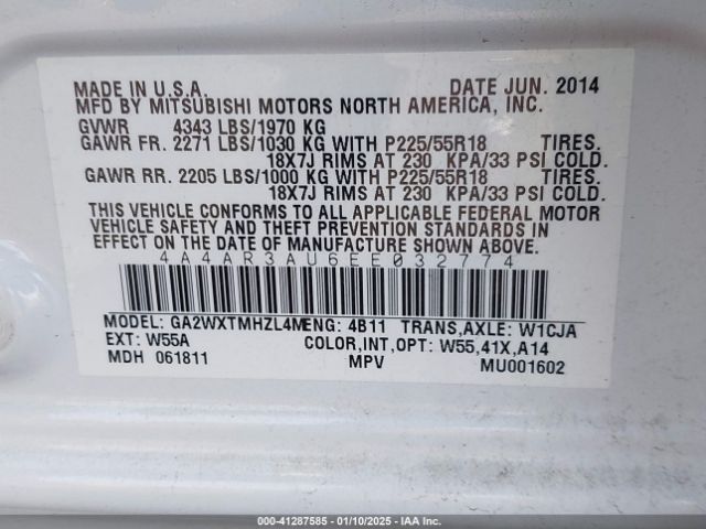 4A4AR3AU6EE032774 Mitsubishi Outlander Sport Es