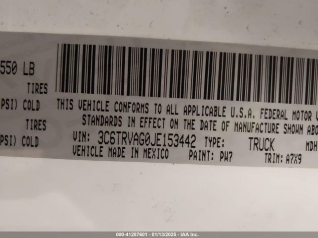 3C6TRVAG0JE153442 RAM Promaster 1500 Low Roof 136 Wb