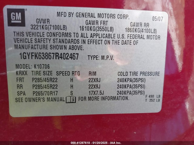 2007 CADILLAC ESCALADE 1GYFK63867R402467 Photo 8