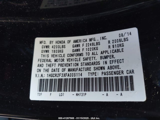 Honda ACCORD LX 2015 1HGCR2F3XFA005114 Image 9