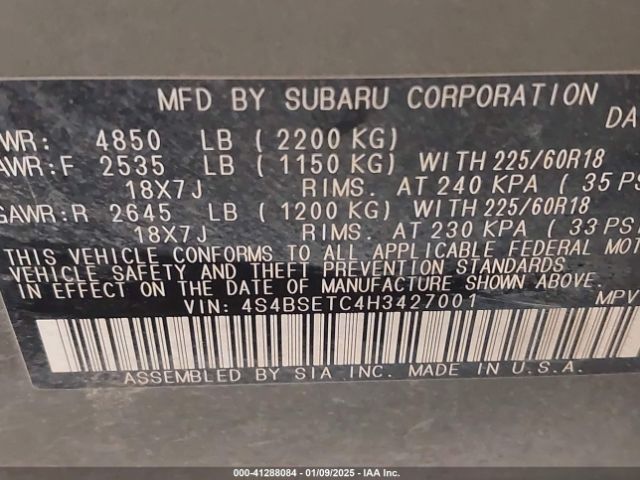 4S4BSETC4H3427001 Subaru Outback 3.6r Touring