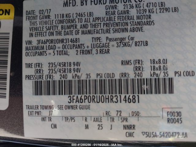 3FA6P0RU0HR314681 Ford Fusion Hybrid Titanium