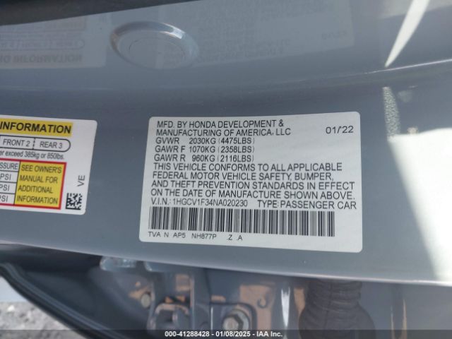 1HGCV1F34NA020230 Honda Accord Sport