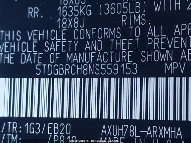 5TDGBRCH8NS559153 Toyota Highlander Hybrid Xle