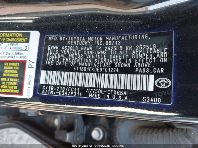 4T1BD1FK0EU101224 Toyota Camry Hybrid Xle