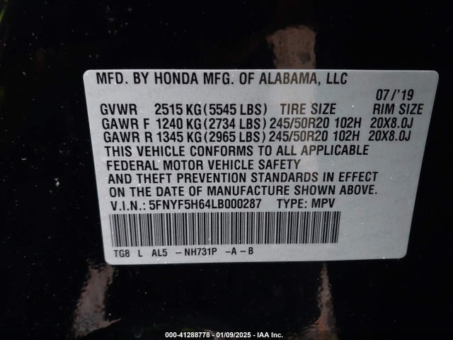 5FNYF5H64LB000287 Honda Pilot 2wd Touring 7 Passenger