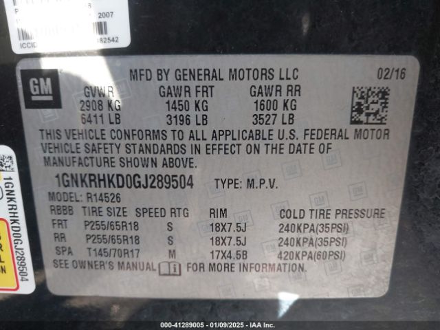 1GNKRHKD0GJ289504 Chevrolet Traverse 2lt