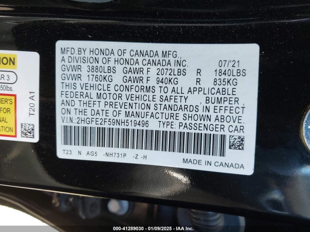 Aukcja sprzedaży 2022 Honda Civic Sport, vin: 2HGFE2F59NH519496, numer aukcji: 41289030