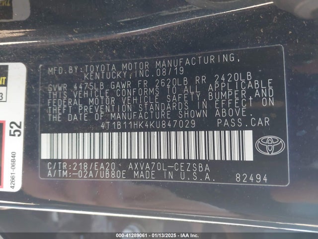 4T1B11HK4KU847029 Toyota CAMRY SE