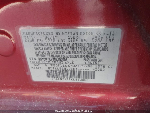 3N1CN7AP7KL850008 Nissan Versa 1.6 Sv