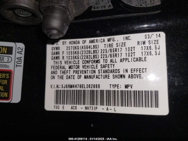 Honda Cr-v Ex-l 2014 5J6RM4H78EL062699 Image 9