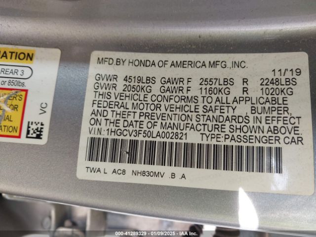 1HGCV3F50LA002821 Honda Accord Hybrid Ex-l