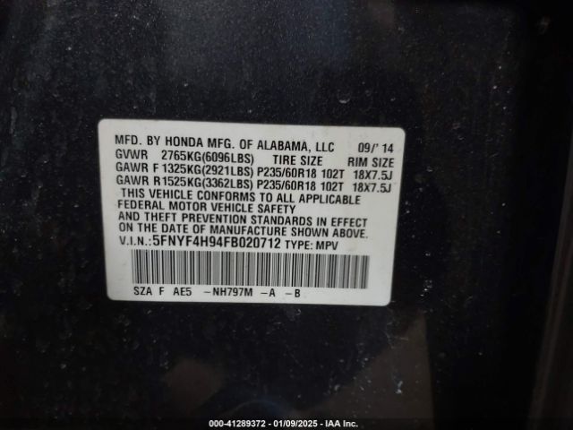 5FNYF4H94FB020712 Honda Pilot Touring