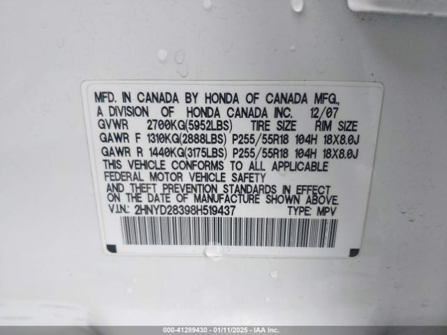 2008 ACURA MDX 2HNYD28398H519437 Photo 8