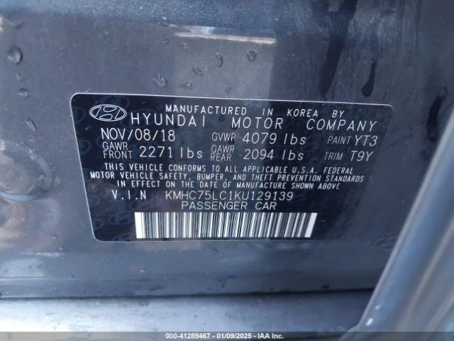 KMHC75LC1KU129139 Hyundai Ioniq Hybrid Sel