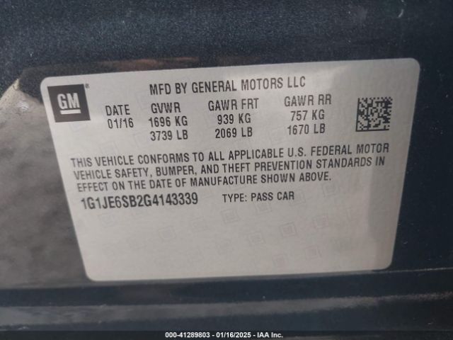 1G1JE6SB2G4143339 Chevrolet Sonic Ltz Auto