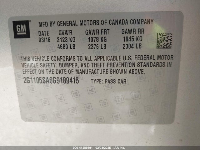 Chevrolet IMPALA 1LT 2016 2G1105SA6G9189415 Image 9