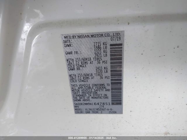 5N1DR2MM9KC647851 Nissan Pathfinder Sv
