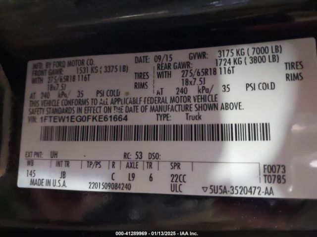 1FTEW1EG0FKE61664 Ford F-150 Xlt