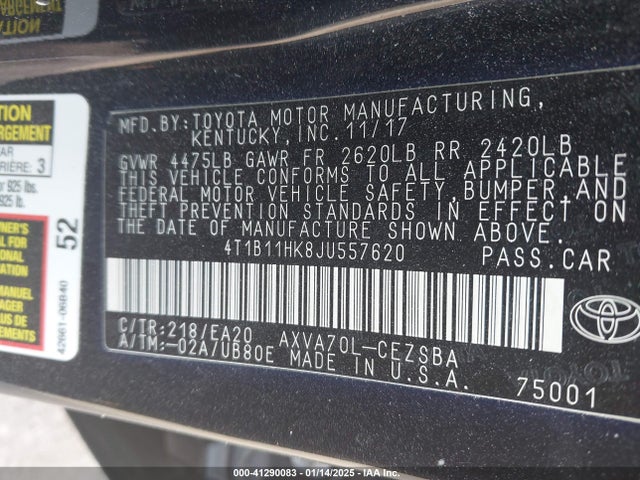 4T1B11HK8JU557620 Toyota CAMRY SE