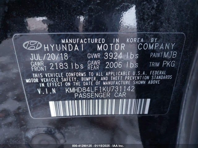 KMHD84LF1KU731142 Hyundai ELANTRA SEL