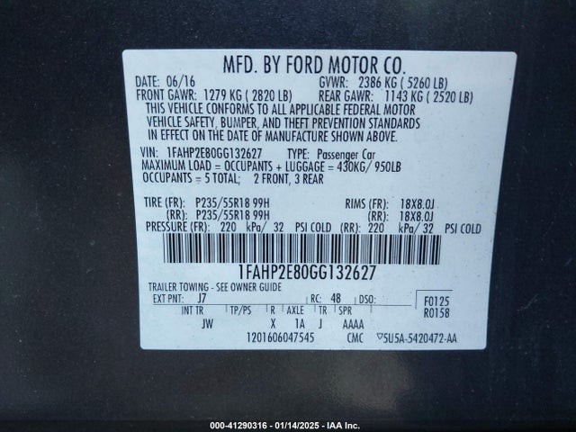 1FAHP2E80GG132627 Ford TAURUS SEL