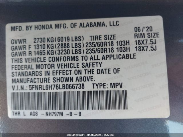 5FNRL6H76LB066738 Honda Odyssey Ex-l/ex-l W/navi   Res