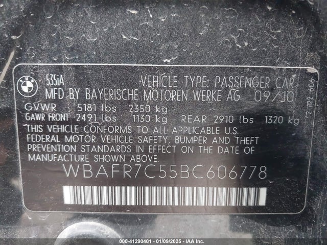 41290401 :رقم المزاد ، WBAFR7C55BC606778 vin ، 2011 Bmw 535i مزاد بيع